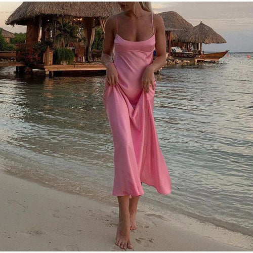 Elegant satin long women’s camisole dress by MANDOTOS, sleeveless, backless, perfect for holiday, party, or casual summer occasions.