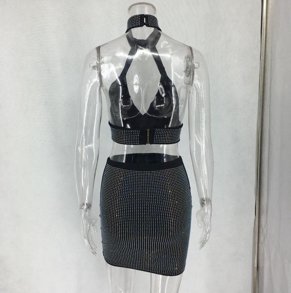 Mandotos women's diamonds two-piece dress set featuring a stylish top and matching skirt, elegant and perfect for special occasions.
