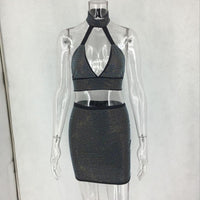 Women’s two-piece dress set with diamond embellishments by MANDOTOS, featuring a stylish top and matching skirt.
