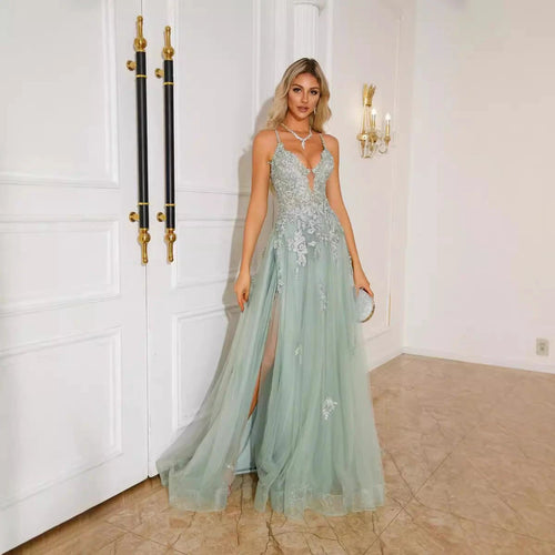 Long women’s evening dress with suspenders by MANDOTOS, elegant dance dress for formal occasions.