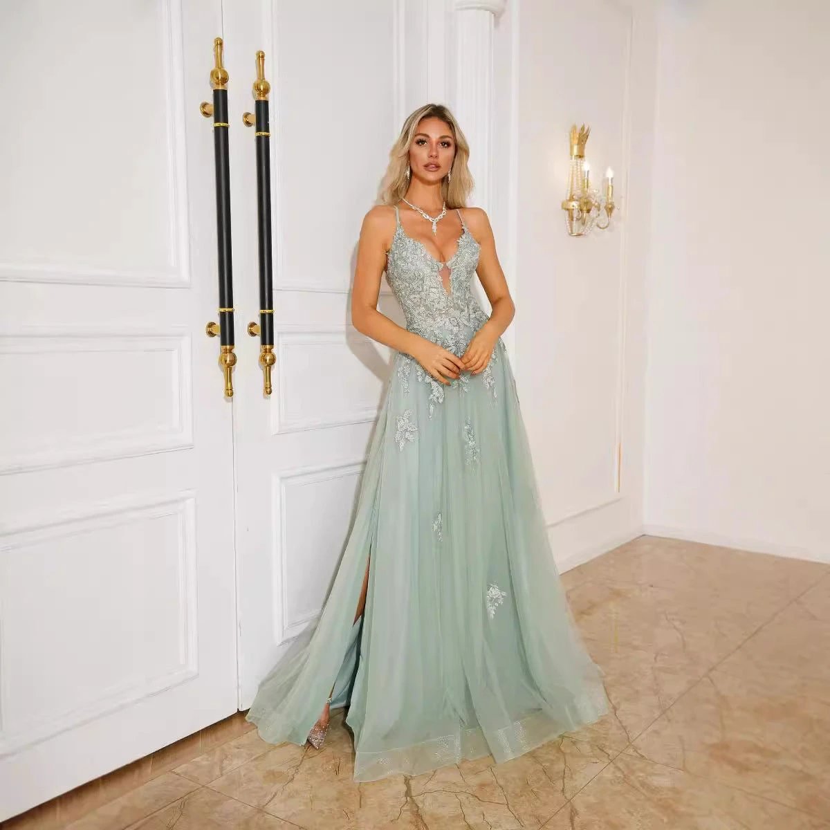 Long women’s evening dress with suspenders by MANDOTOS, elegant dance dress for formal occasions.