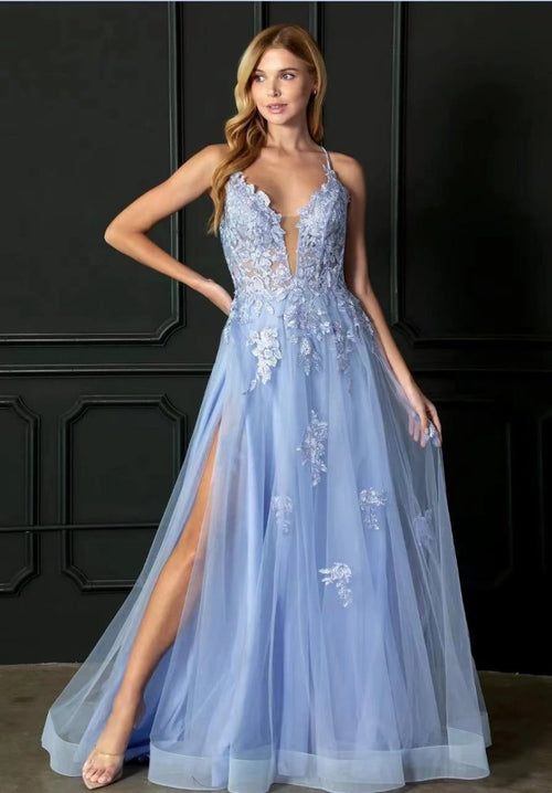 Long women’s evening dress with suspenders by Mandotos, elegant dance dress for formal occasions.
