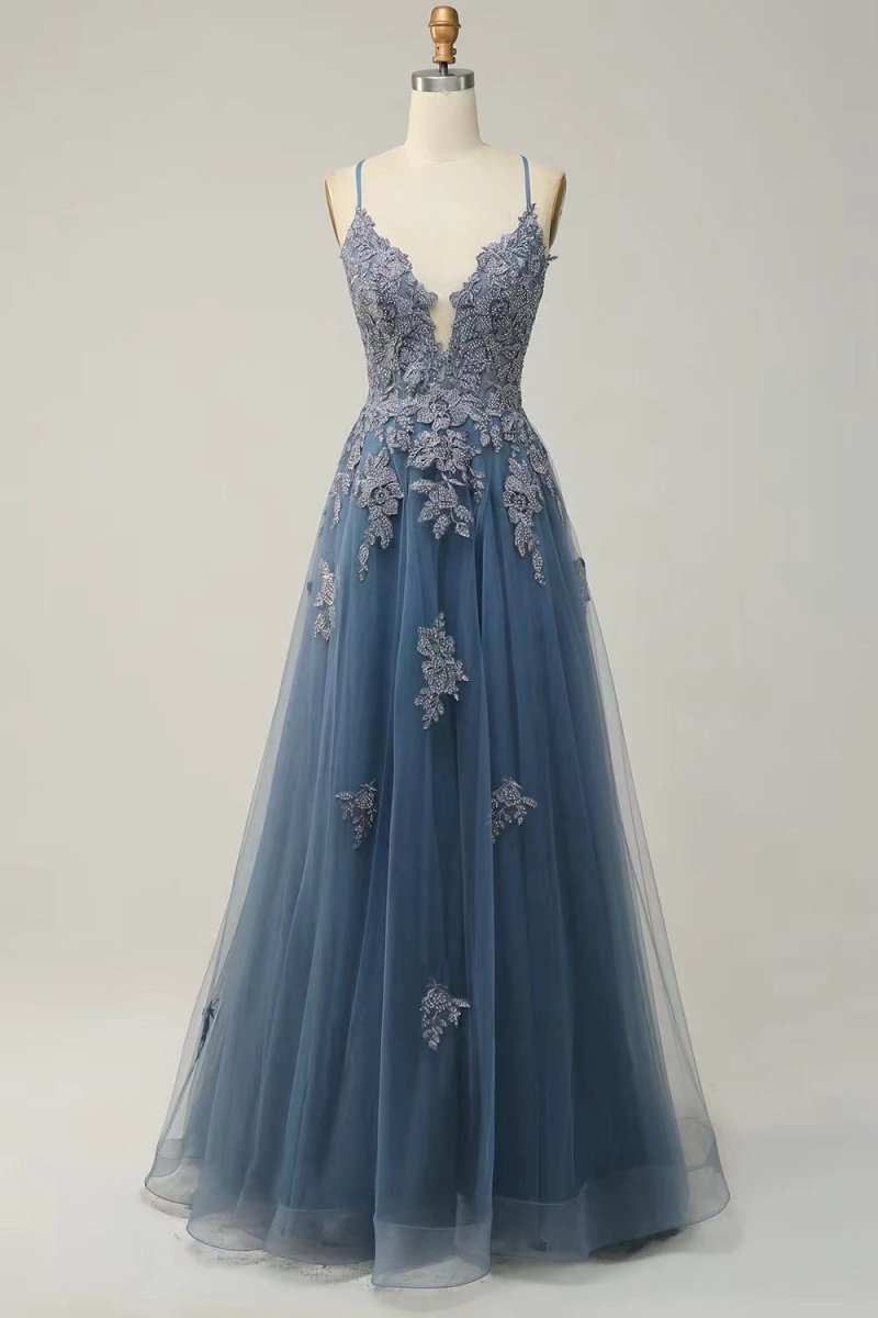 Long women’s evening dress with suspenders by MANDOTOS, elegant dance dress suitable for formal events and evening occasions.