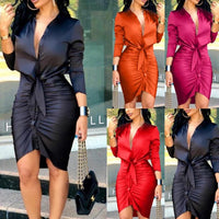 Women’s solid color long sleeve midi dress by MANDOTOS, lace-up design, elegant shirt dress style perfect for fashion or parties.