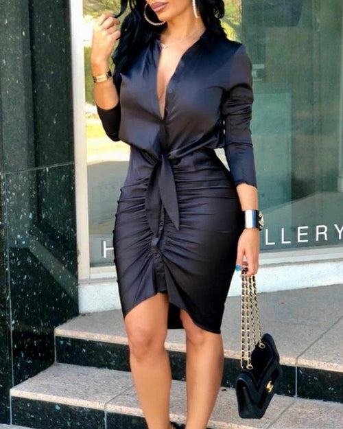 Mandotos women's lace-up solid color long sleeve midi dress, elegant shirt dress suitable for fashion and party occasions.