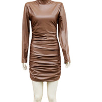 Mandotos women's faux leather long sleeve sheath dress with stand collar, fitted style, ideal for nightclub and evening wear.