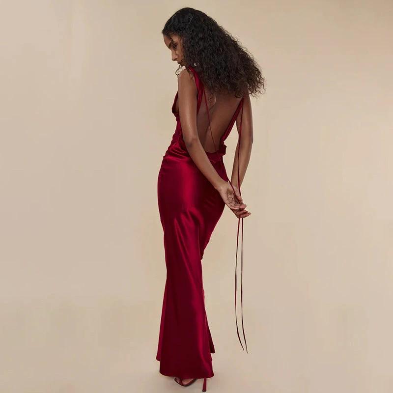 Mandotos women's banquet style evening lace-up long dress, elegant formal dress with flowing fabric and intricate lace details.
