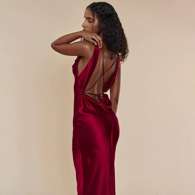 Mandotos women's banquet style evening long dress with lace-up front, elegant and flowing for formal occasions.