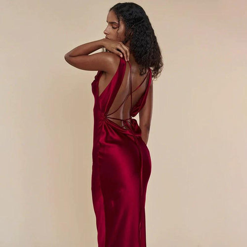 Mandotos women's banquet style evening long dress with lace-up front, elegant and flowing for formal occasions.