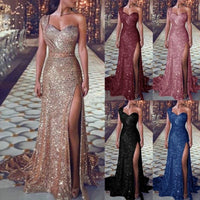Women's one-shoulder sleeveless bronzing split dress by MANDOTOS, shown on a model with a stylish, elegant design.