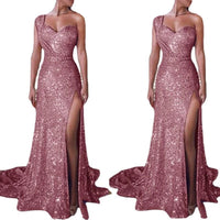 Women's one-shoulder sleeveless bronzing split dress by MANDOTOS, shown on a model, highlighting stylish design and elegant fit.