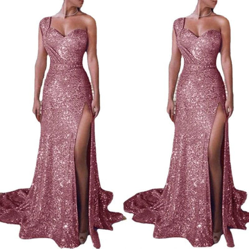Women's one-shoulder sleeveless bronzing split dress by MANDOTOS, shown on a model, highlighting stylish design and elegant fit.