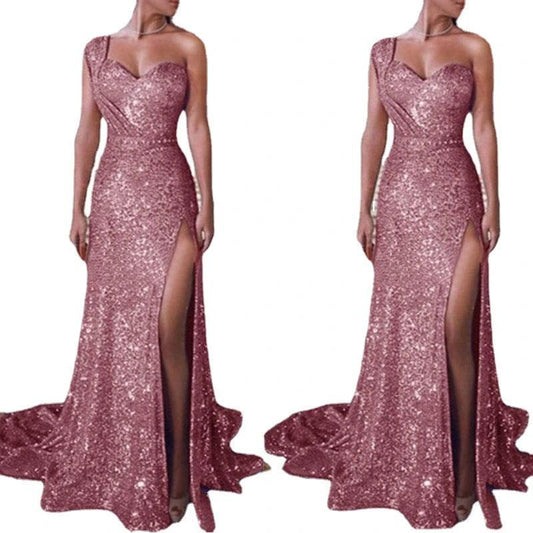 Women's one-shoulder sleeveless bronzing split dress by MANDOTOS, shown on a model, highlighting stylish design and elegant fit.