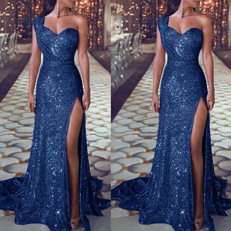 Women's one-shoulder sleeveless bronzing split dress by MANDOTOS, featuring a stylish and elegant design.