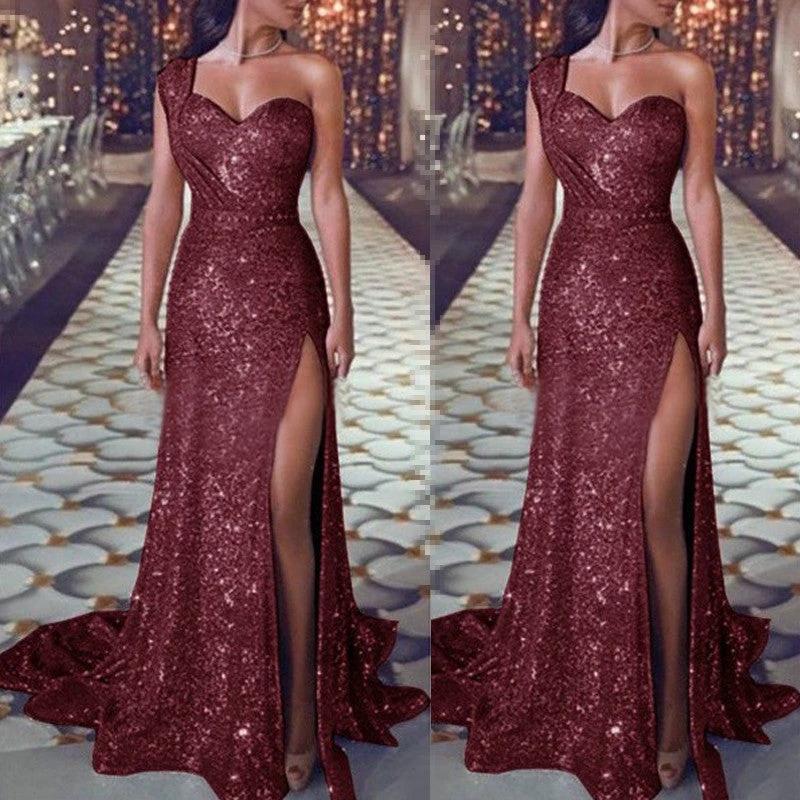 Women's one-shoulder sleeveless bronzing split dress by MANDOTOS, featuring elegant design and stylish fit.