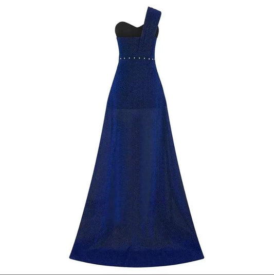 Women's one-shoulder sleeveless bronzing split dress by MANDOTOS, featuring a stylish and elegant design perfect for summer.