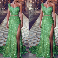 Women's one-shoulder sleeveless bronzing split dress by MANDOTOS, featuring a stylish design and elegant fit.