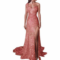 Women's one-shoulder sleeveless bronzing split dress by MANDOTOS, featuring a stylish design perfect for summer or special occasions.