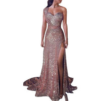 Women's one-shoulder sleeveless bronzing split dress by MANDOTOS, featuring a stylish design and elegant fit.