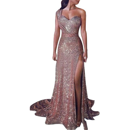 Women's one-shoulder sleeveless bronzing split dress by MANDOTOS, featuring a stylish design and elegant fit.