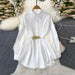 Women's solid color lapel button-down blouse with adjustable metal waist belt, loose fit, ideal for casual or office wear.