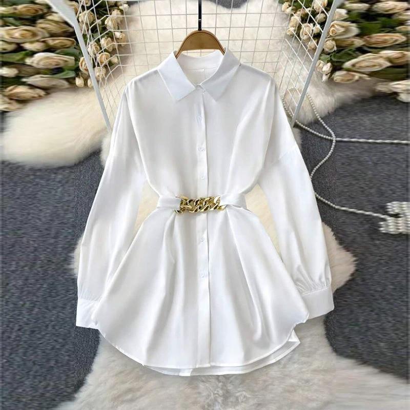 Women's solid color lapel button-down blouse with adjustable metal waist belt, loose fit, ideal for casual or office wear.
