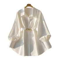 Mandotos women's elegant lapel button-down blouse with adjustable metal waist belt, solid color, loose fit, suitable for casual or office wear.