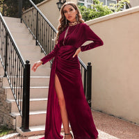 Women's Korean velvet high neck evening dress by MANDOTOS, featuring a sleek, sexy design with a high neckline and rich velvet fabric.