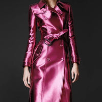 Women's slim fit leather high fashion coat by MANDOTOS, featuring a sleek design and tailored fit, shown on a model.