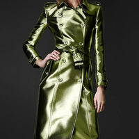Women's slim fit leather high fashion coat by MANDOTOS, shown in black with stylish tailored design and classic collar.