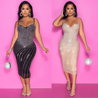 Women's tight braces mesh rhinestone dress by MANDOTOS, featuring a fitted silhouette with sparkling rhinestone details.