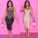 Women's tight braces mesh rhinestone dress by MANDOTOS, featuring a fitted silhouette with sparkling rhinestone details.