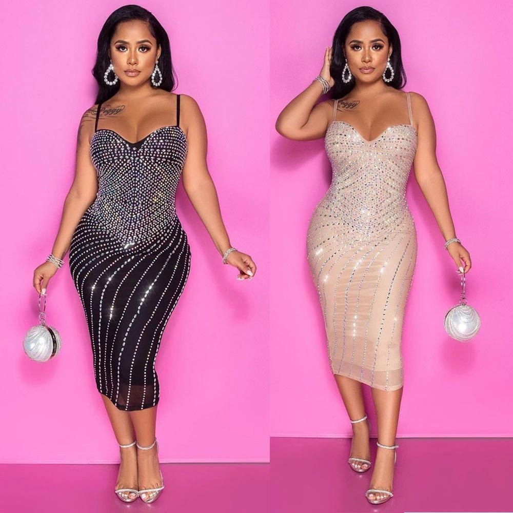 Women's tight braces mesh rhinestone dress by MANDOTOS, featuring a fitted silhouette with sparkling rhinestone details.