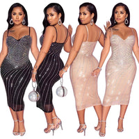 Women's tight braces mesh rhinestone dress by MANDOTOS, featuring a fitted silhouette and sparkling rhinestone details.