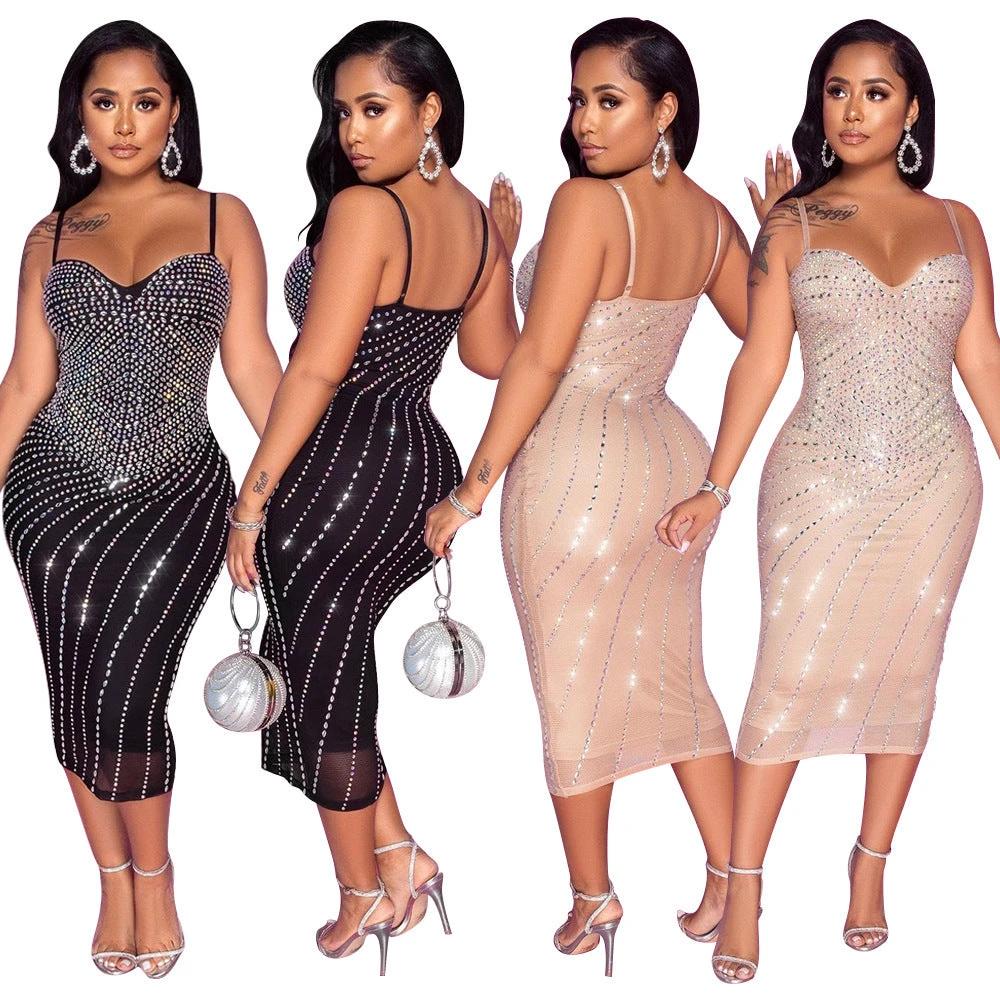 Women's tight braces mesh rhinestone dress by MANDOTOS, featuring a fitted silhouette and sparkling rhinestone details.