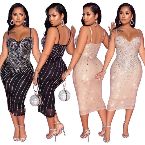 Women's tight braces mesh rhinestone dress by MANDOTOS, featuring a fitted silhouette and sparkling rhinestone details.