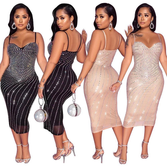 Women's tight braces mesh rhinestone dress by MANDOTOS, featuring a fitted silhouette and sparkling rhinestone details.