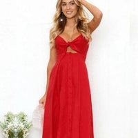 Mandotos women's sleeveless backless summer dress with straps, long close-fitting sheath for party and evening occasions.