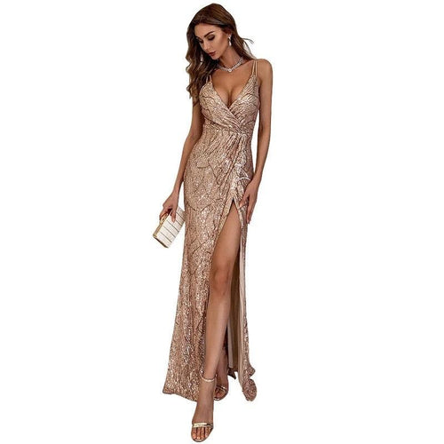 Women’s V-neck sequin maxi dress with spaghetti straps by MANDOTOS, perfect for parties and evening events.