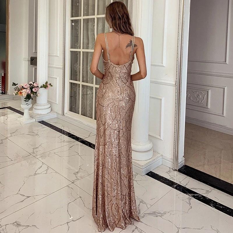 Women’s V-neck sequin maxi dress with spaghetti straps by MANDOTOS, perfect for parties and evening events.