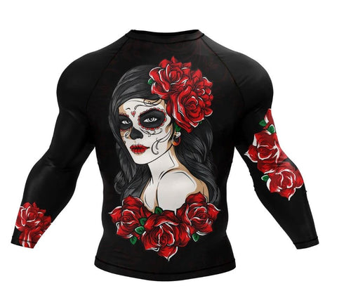 Mandotos Dark Mystic Rash Guard with black and red roses print, ideal for training and martial arts workouts.