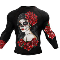Mandotos Dark Mystic Rash Guard with black and red roses print, ideal for martial arts training and fitness.