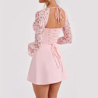 Mandotos Y2K lace long sleeve dress featuring a sexy backless corset design and lace-up details, short and stylish for women's fashion.