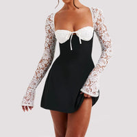Mandotos Y2K lace long sleeve dress with corset backless design, featuring lace-up detail, short and fashionable for women.
