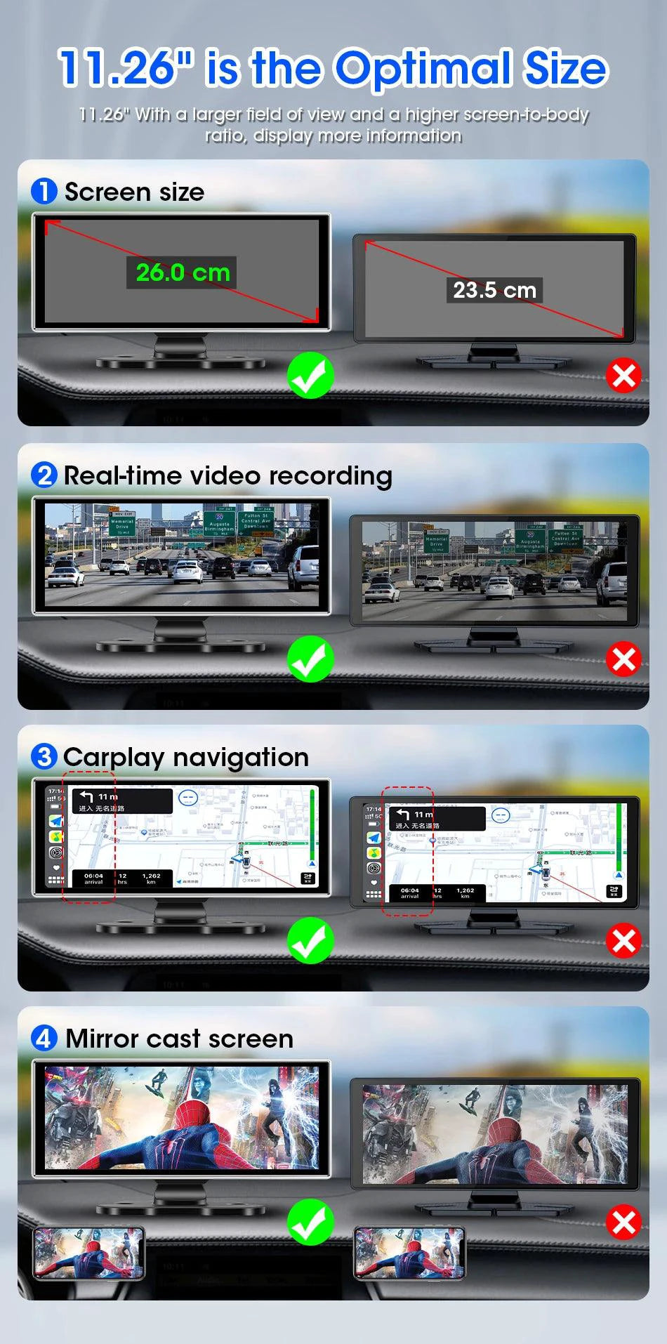 Mandotos 11.26-inch 4K Car DVR dash cam with dual lenses, wireless connectivity, GPS, and touchscreen monitor.