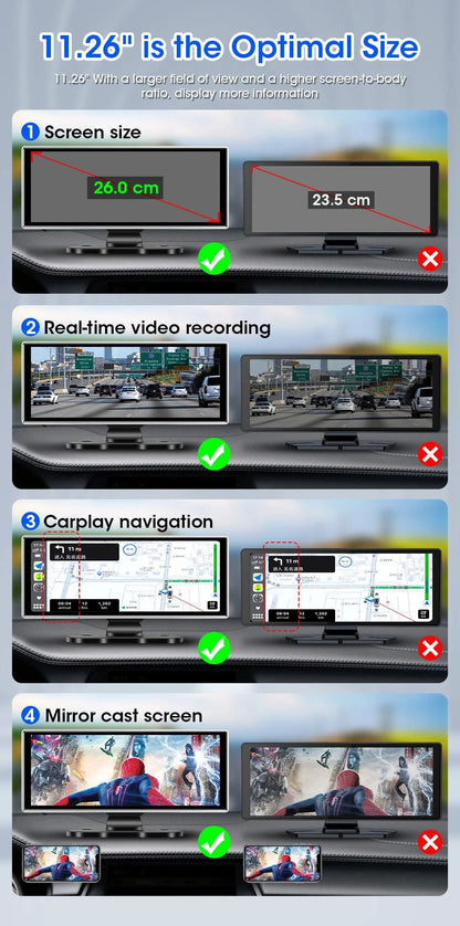 Mandotos 11.26-inch 4K Car DVR dash cam with dual lenses, wireless connectivity, GPS, and touchscreen monitor.