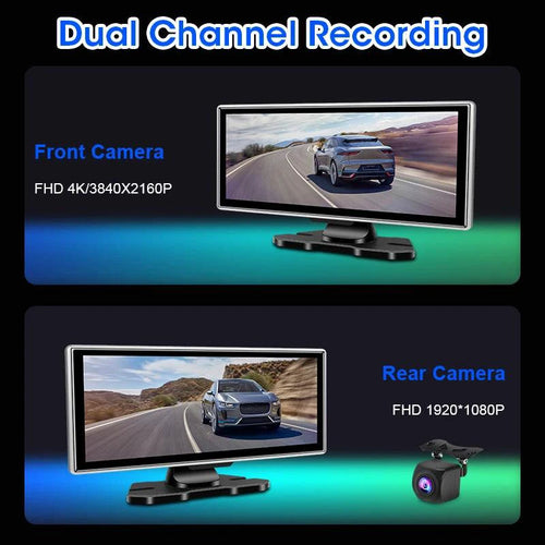 Mandotos 11.26-inch 4K dual lens car DVR dash cam with wireless connectivity, GPS, and touchscreen monitor for vehicle recording.