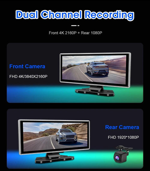 Mandotos 11.26-inch 4K Car DVR dash cam with dual lenses, wireless, GPS, 5G Wi-Fi, and vehicle video recording features.