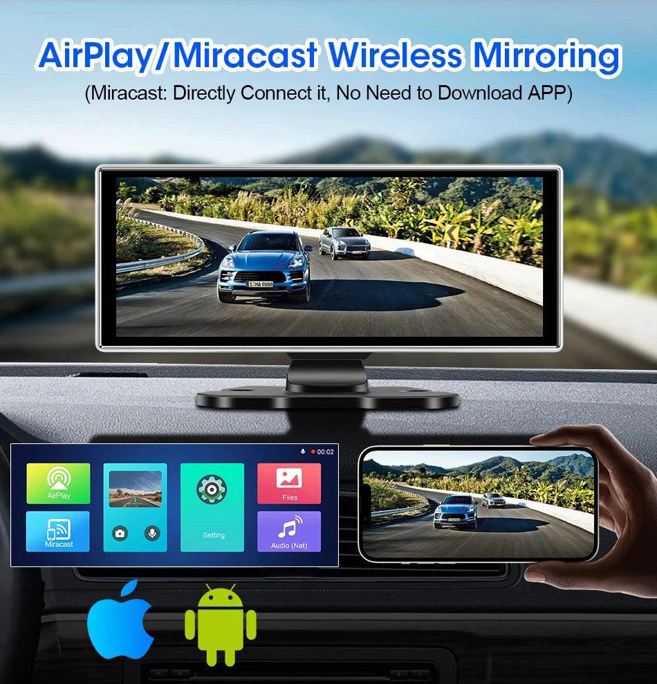 Mandotos 11.26-inch 4K Car DVR dash cam with dual lenses, wireless connectivity, GPS navigation, and video recording for cars.