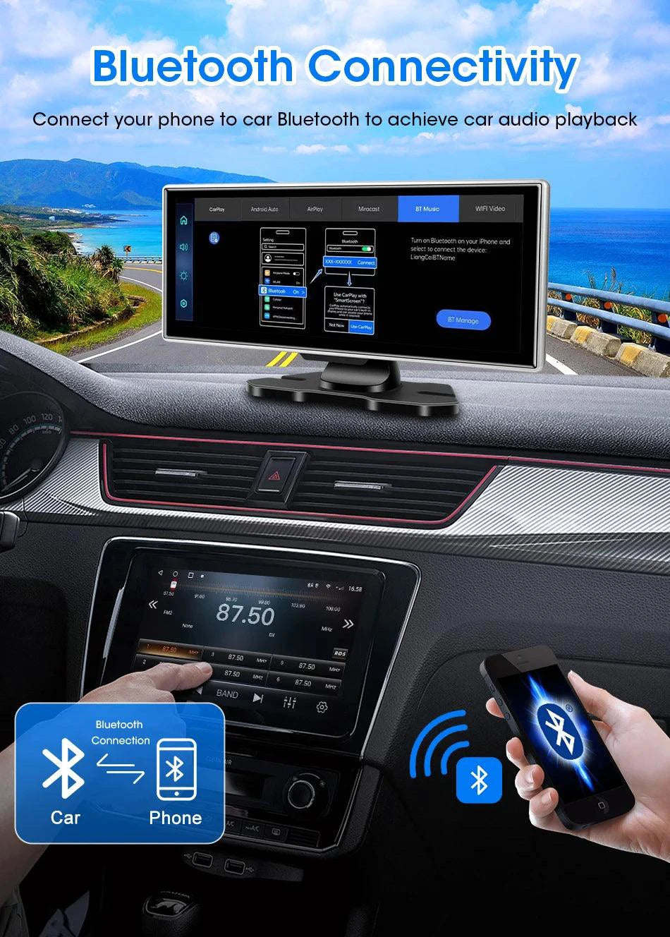 Mandotos 11.26-inch 4K Car DVR dash cam with dual lenses, wireless, GPS, 5G Wi-Fi, and video recorder for vehicles.
